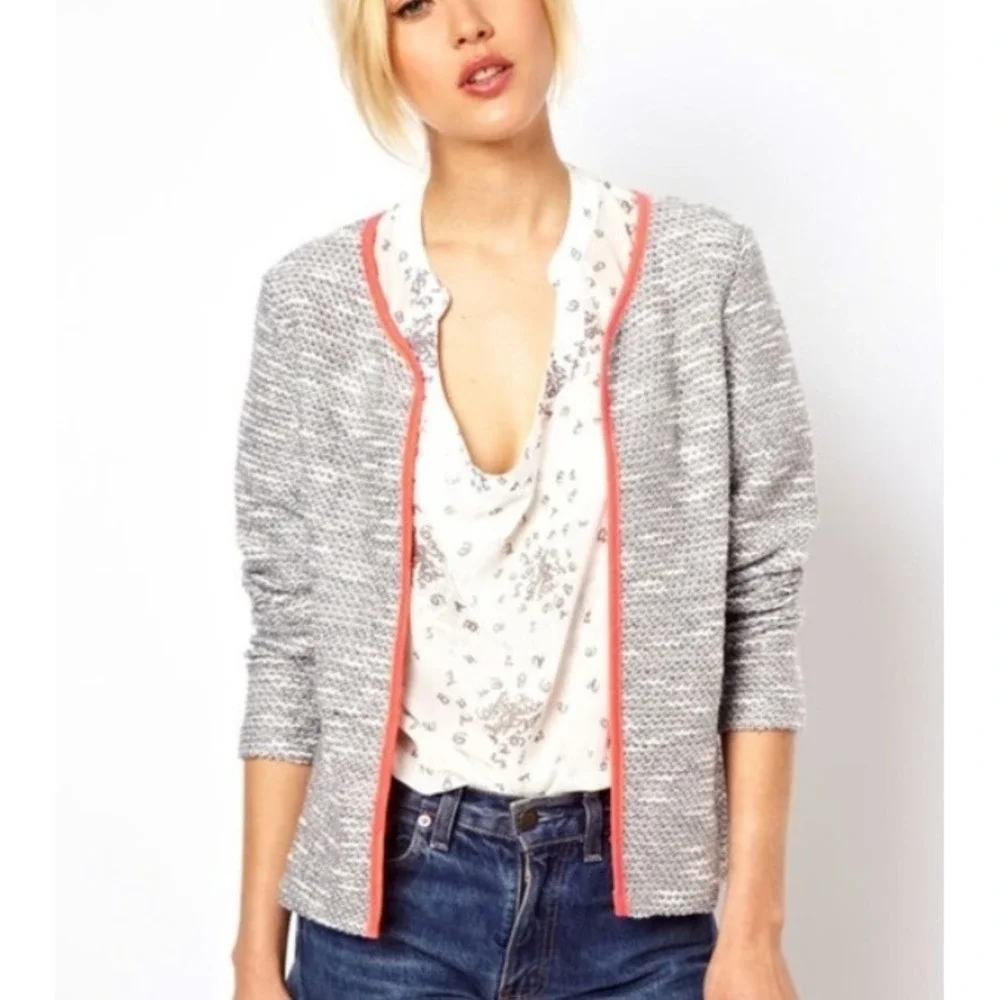 Asos Gray Marled Knit Open Blazer Jacket Cardigan Neon Orange Trim Career Size 8